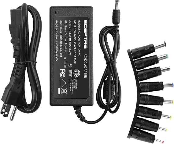 Kado Power Adapter 12V-4A 3A 2.5A 2A 1.25A 1A AC/DC 5.5x2.1mm with 8 Tips | Power Cord Made for Sceptre Monitor, Echo Smart Speaker & Display, Webcam, Router, Mini PC, CCTV, Bluetooth Speaker