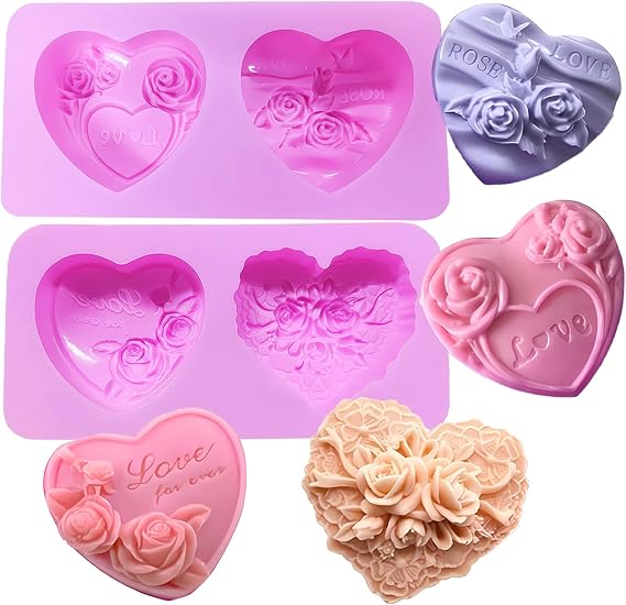 2 Pcs Heart Soap Molds,3D Embossed Rose Heart Silicone Chocolate Molds Valentine Silicone Molds for DIY Valentine Chocolates, Candy,Muffins,Candle, Soap Cake Decoration
