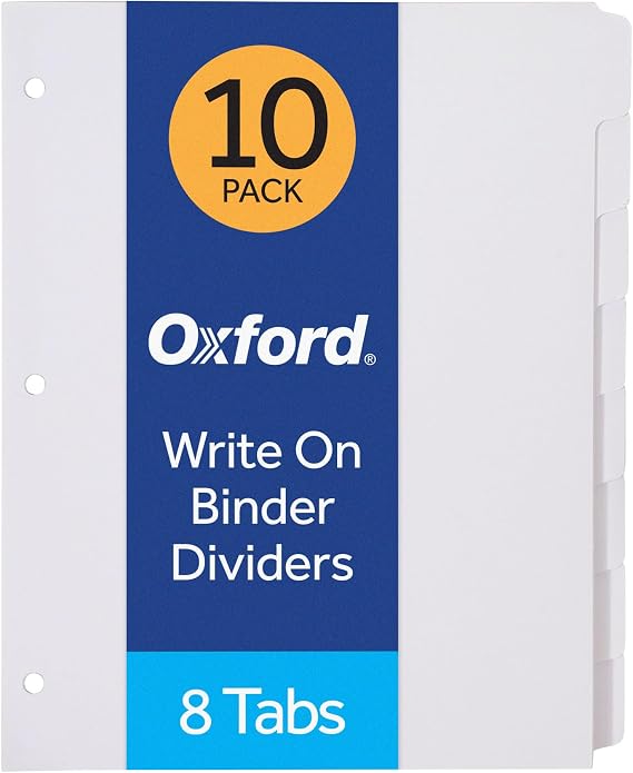 Oxford Binder Dividers for 3 Ring Binders, 10 Pack, 8-Tab Dividers, Write On Tabs, White Paper, 80 Total