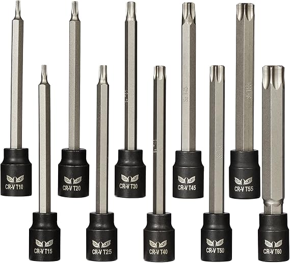 Extra Long Torx Bit Socket Set (10 Pack) - Long 3.5" Torx Bit in 3/8" Drive T10 - T60