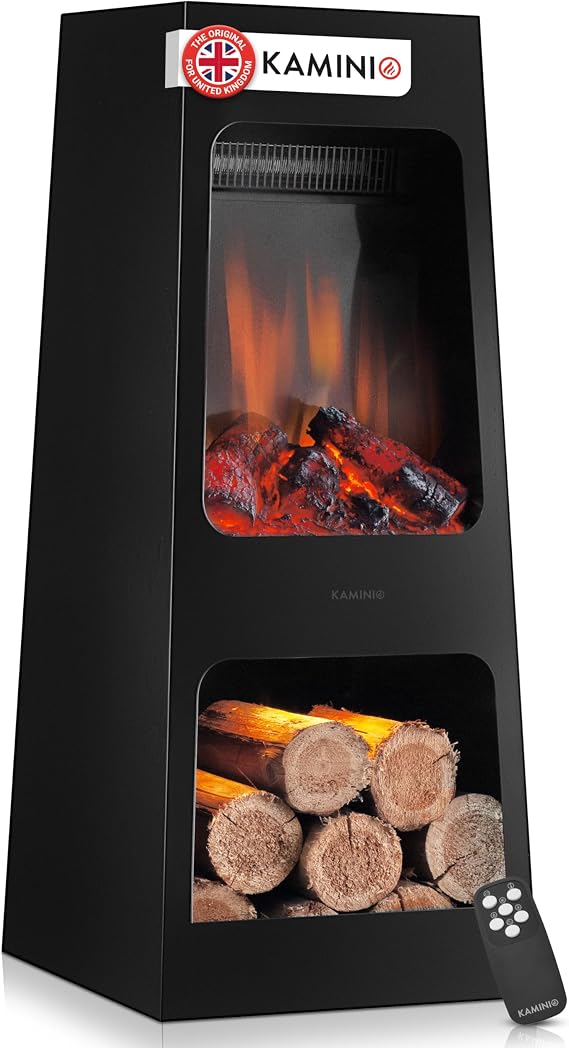 KAMINIO Electric Garden Fireplace KAI - Electrical freestanding patio Stove with Heater, 3D Flame Effect, LED Mood Light, Wood Storage Compartment, Remote Control - Black (Large)
