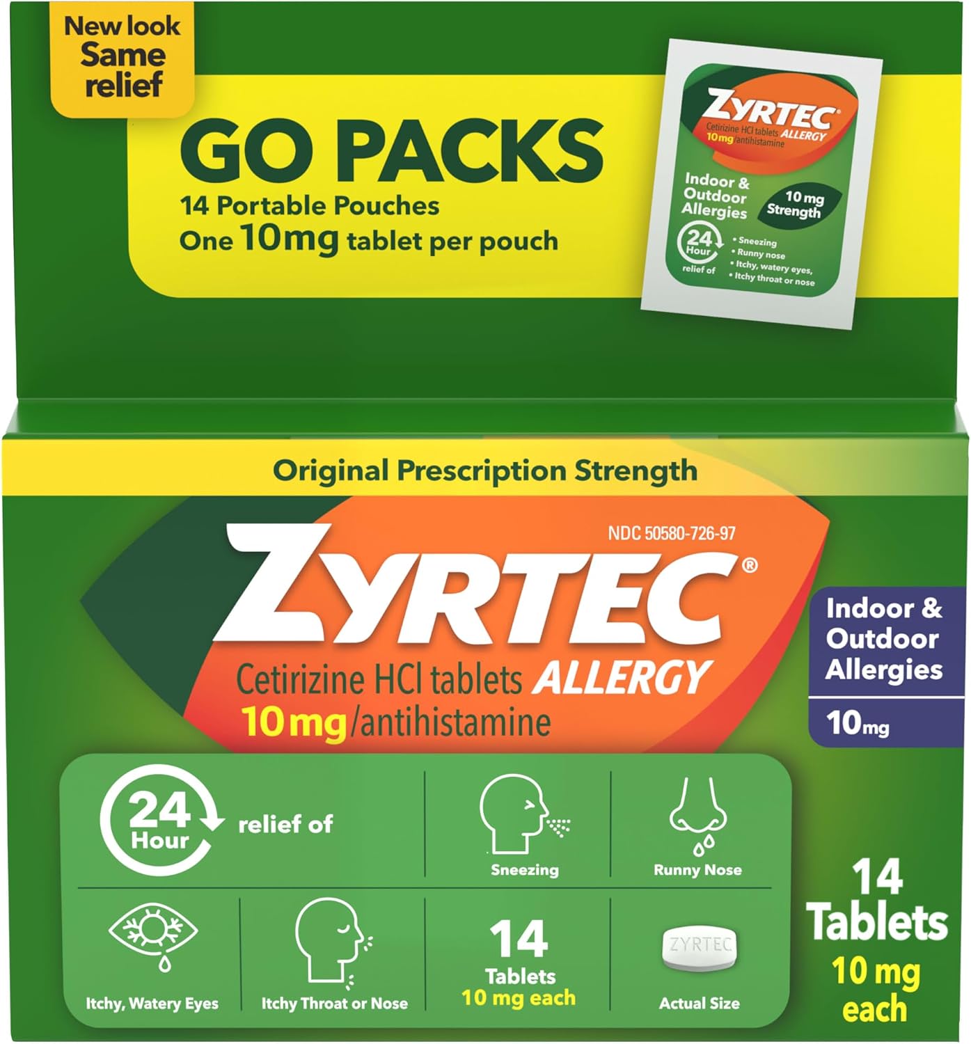 Zyrtec 24 Hour Allergy Relief Tablets, Antihistamine Indoor & Outdoor Anti Allergy Medicine  Cetirizine HCl, Relief from Runny Nose, Sneezing, Itchy Eyes, Single Packs, 14 x 1 ct Packets