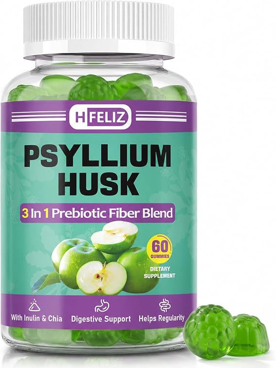 Psyllium Husk Fiber Gummies, Digestive Support, 60 Count | With Inulin & Chia, 3 Prebiotic Fiber Blend Supports Gut Health & Regularity, Apple Flavor