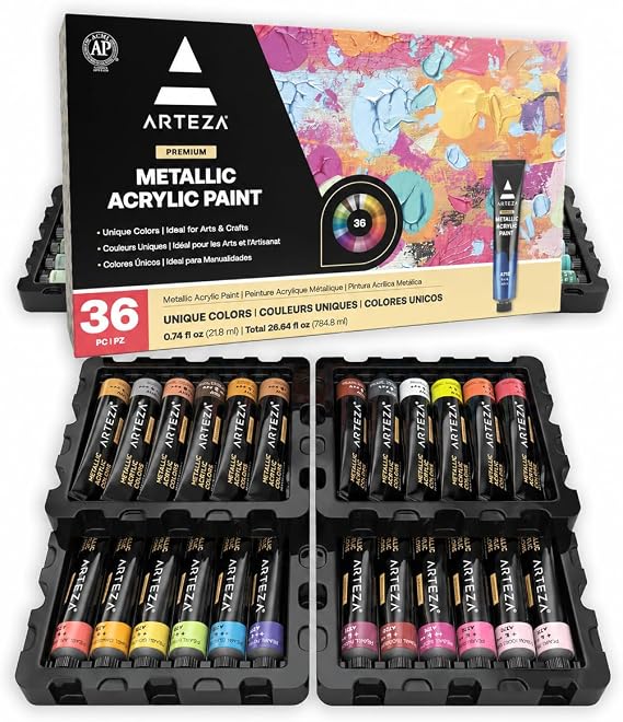 ARTEZA Metallic Acrylic Paint Set, 36 Colors, 22 ml/0.74 oz High-Viscosity