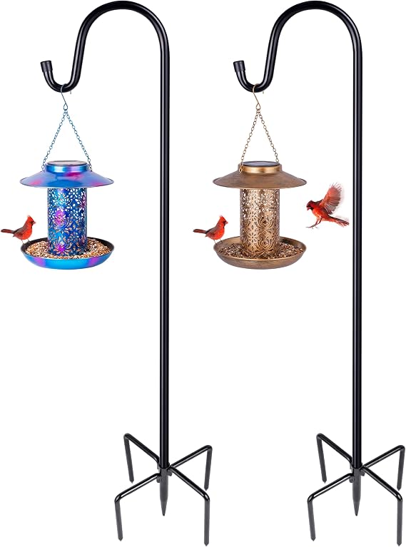 Ottsuls 2 Pack 76 inch Adjustable Shepherd Hooks and Solar Bird Feeder for Outdoors Hanging Decor (Blue and Brown)