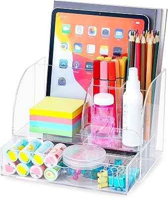 Clear Acrylic Desk Organizer with Drawer, 6 Compartments, Clear All in One, Desktop Accessories with Pencil Holder Stationery Storage Organizer for Office Desktop