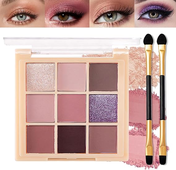 9-Colour Neutral Eyeshadow Palette, Matte And Shimmer, Pink Brown Plum