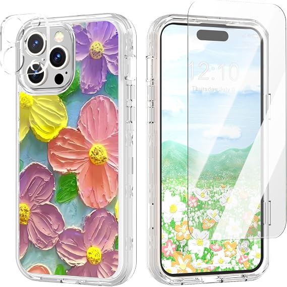iPhone 14 Pro Max用ケース、カラフルな花 iPhone 14 Pro Max用電話ケース、かわいい、スクリーンプロテクター&カメラレンズプロテクター付き緑の葉と花