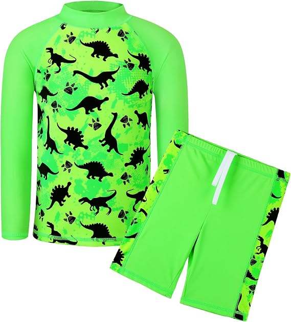 TFJH E Kids Boys UPF 50+ UV Swimwear Sun Protective Long Sleeve Two Piece Swimsuit 3-14Y