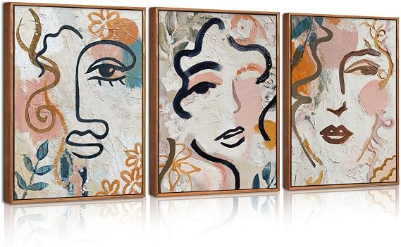 CHDITB 3Pcs Abstract Woman Wall Art,Boho Modern Line Wall Decor,Modern Matisse Framed Canvas Paintings,Colorful Floral Graffiti Abstract Art Prints For Living Room Bedroom Women Office Decoration