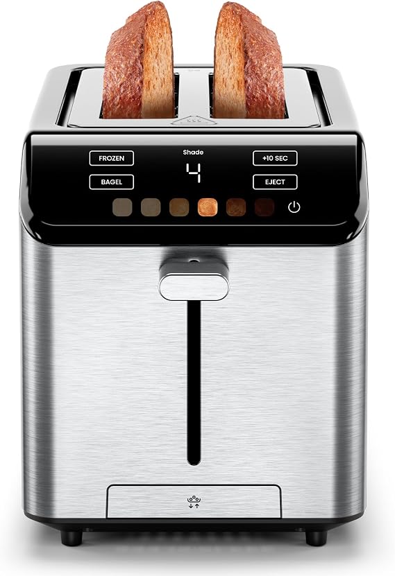 Chefman Smart Touch 2 Slice Digital Toaster, 6 Shade Settings, Touchscreen Controls, Extra-Wide Slots for Thick Breads & Bagels, +10 Seconds, Defrost, Removable Crumb Tray Stainless Steel
