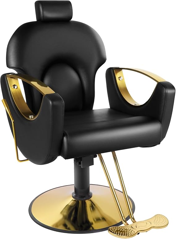 Salon Chair for Hair Stylist, Black Gold Barber Reclining Beauty Hair Chair