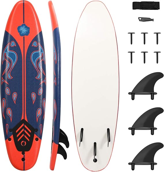 GYMAX Surfboard, 6' Body Board with Removable Fins & Protective Leash, Non-Slip Surfing Board for Surfing, Fishing Water Yoga