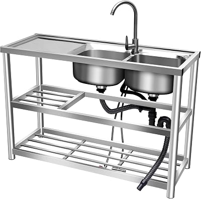 Free Standing Double Bowl Stainless Steel Utility Sink, Commercial Kitchen Sink With Workbench & Faucet & Cold And Hot Water Pipes, Outdoor Sink Utility Sink For Laundry Room Restaurant Kitchen Garage