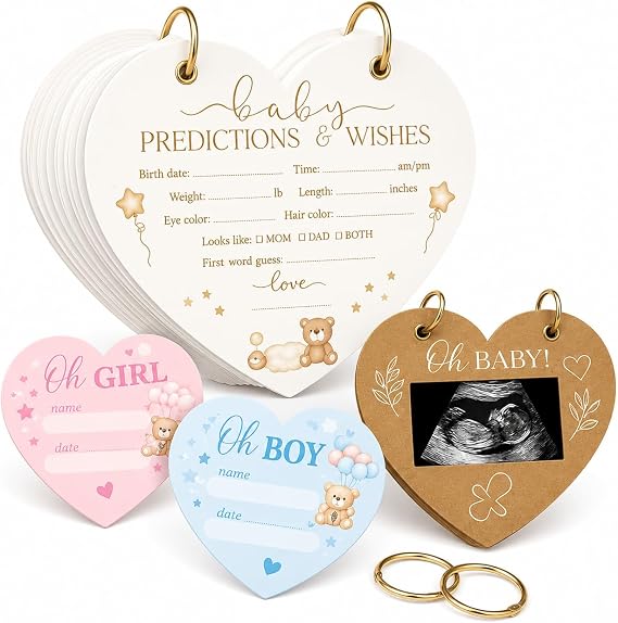 OnlyBP 50 Baby Shower Predictions Cards Heart Shaped Album Fun Baby Shower Games & Guest Book - Gender Neutral Boy or Girl - Baby Shower Decorations - Keepsake with Rings