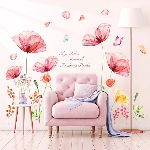 DECOWALL Pink Flower Wall Decals Stickers Floral Butterfly Mural (SG2-2206)