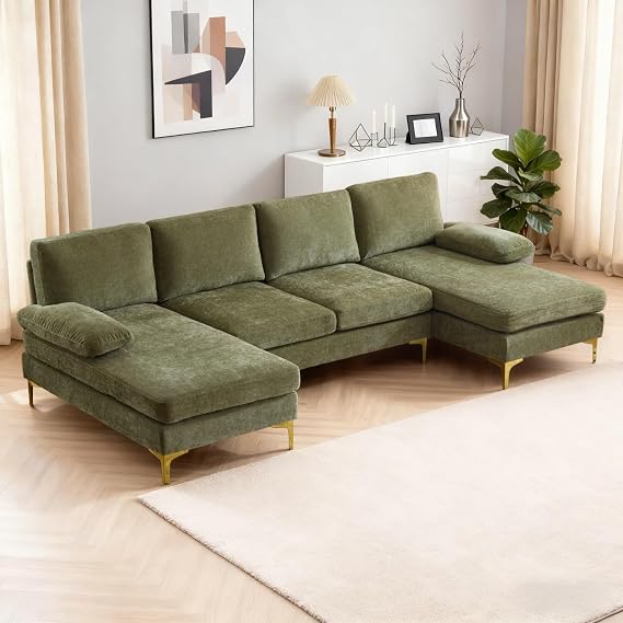 Karl home 110" Sectional Sofa U-Shaped 4-Seat Couch, Green