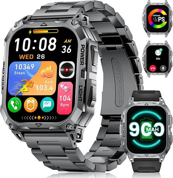 Smart Watches for Men(Answer/Dial Call), 2,01'' Super Large Military Smartwatch with 900mAh High-Capacity Battery/Led Flashlight/Heart Rate/Sleep Monitor, IP68 Waterproof Fitness Watch for Android iOS