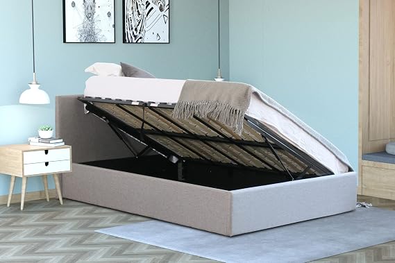 Home Treats Side Lift Ottoman Bed Small Double Bed Frame with Under Bed Storage 4FT Grey Linen Upholstered Queen Size No Mattress