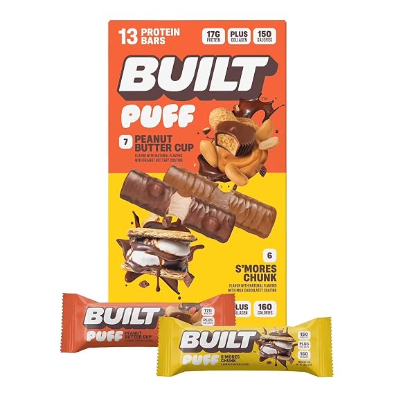 Built Bar Puff & Chunk Protein Bars, Variety Pack, 13 ct Peanut Butter Cup & Smores Chunk Low-Calorie, Guilt-Free Snack