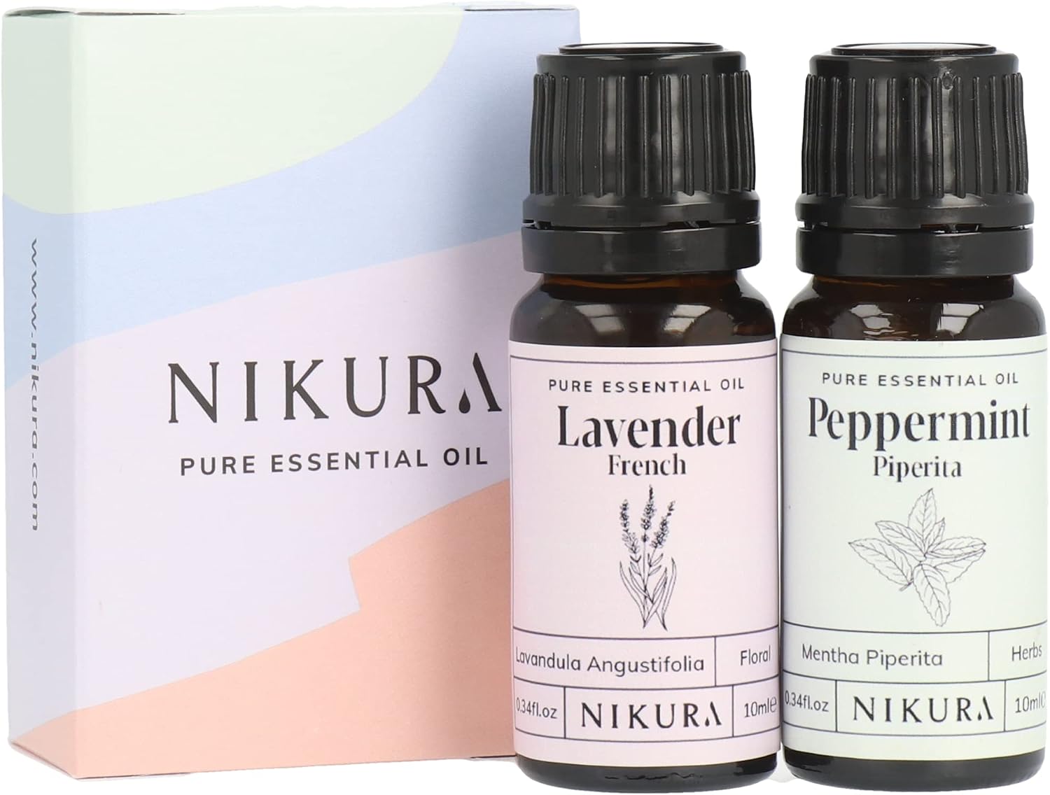 Nikura Lavender French & Peppermint Essential Oil Set - 2 x 10ml | Essential Oils for Diffusers for Home, Sleep, Hair, Candle Making, Aromatherapy, Strong Fragrance, Wax Melts | 100% Pure and Natural