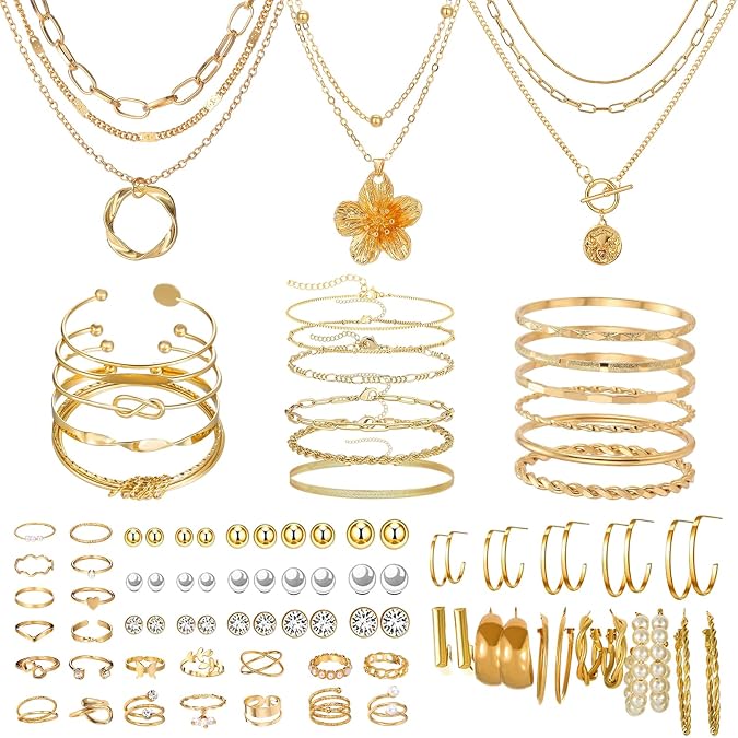 70 Pcs Gold Jewellery, Women's Jewellery Set, Bracelet, Necklace, Rings, Earrings, Gold Costume Jewellery Sets for Women, Birthday Christmas Anniversary Day