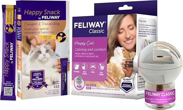 FELIWAY Classic 30 Day Cat Calming Pheromone Diffuser Kit & Happy Snack Delicious Calming cat Treats 12-ct Chicken Flavor