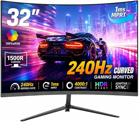 ZZA 32 Inch Curved Gaming Monitor 240Hz Curved Monitor Computer Monitor-HDMI DP USB Headphone Ports,1080p 1K FHD Ultra Slim Curved Screen with Wide Angle,High Refresh Rate Immersive PS5 Xbox PC Gaming