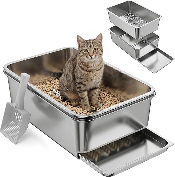 PawHut Stainless Steel Sifting Cat Litter Box 23.6" x 15.7" x 7.9" XL