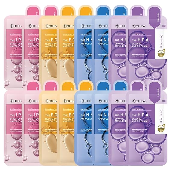 Mediheal Korean Ampoule Combo Mask Sheet Pack of 16 - Hydrating Daily Skincare Sheet Face Sheet Mask - Korean Skincare
