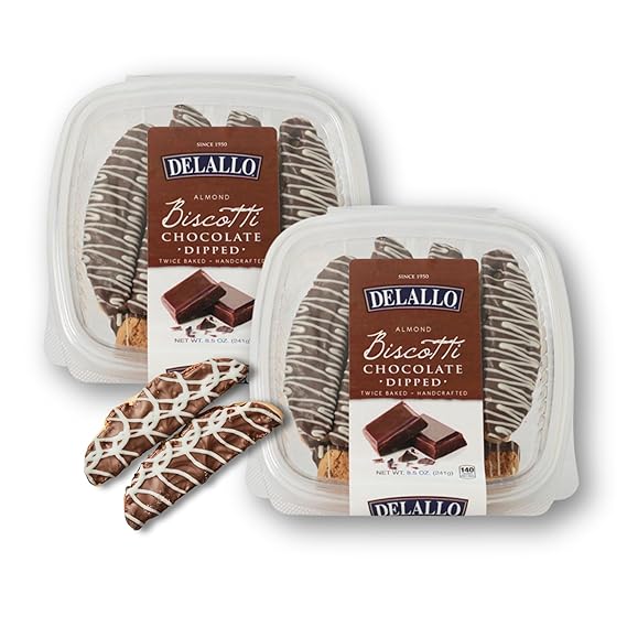 DeLallo Chocolate Dipped Biscotti Cookies, Twice-Baked Authentic Italian Recipe, All Natural Tuscany Biscuits Dipped in Velvety Dark Chocolate and Drizzled with White Chocolate, 8.5 oz Container, (2 Pack)