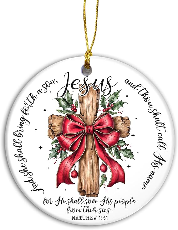Christian Christmas Ornament | Mathew 1:31 Bible Christian Christmas Ornament, Inspirational Christian Nativity Ornament, Ornament with Bible Verse, Religious Gifts (Christian Cross)
