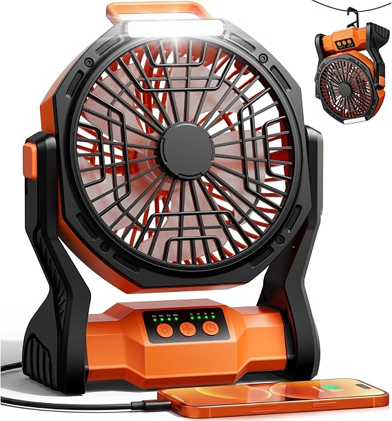 Camping Fan Rechargeable, 20000mAh Battery Powered Fan with LED Light & Hook, Portable Fans Rechargeable for Indoor, Outdoor, Tent, Travel, Jobsite, Fishing, Gifts for Men Dad