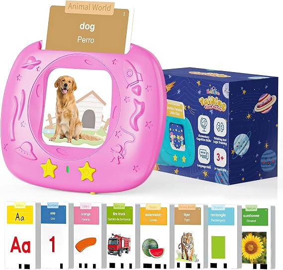 HOMESTEC Toddlers Bilingual Spanish & English Talking Flash Cards, Pink