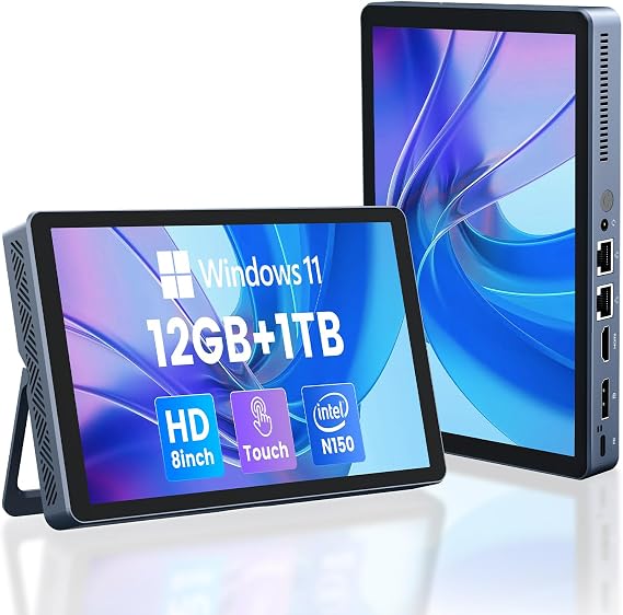 Mini PC N150 12GB RAM DDR5 1TB SSD Windows 11 Pro Desktop Computer with LCD Screen, 4K@60Hz Dual 2.5GbE LAN, Full-Featured USB-C WiFi 6 BT5.2 HDMI Desktop