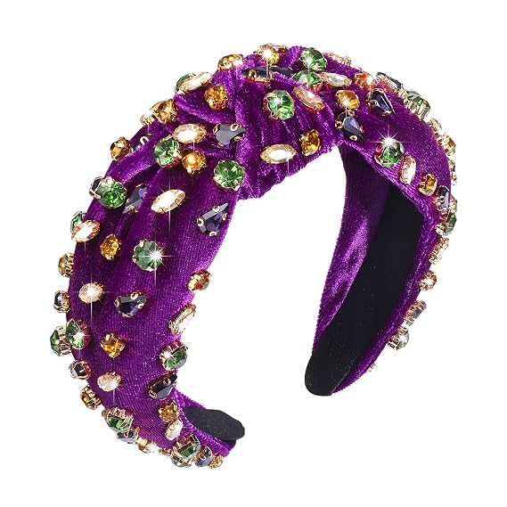 Mardi Gras Rhinestone Knotted Headband for Women Sparkly Crystal Embellished Hairbands Twist Turban Headband Elastic Wide Velvet Hair Hoop Party Wedding Headwear for Girls (Velvet Purple)