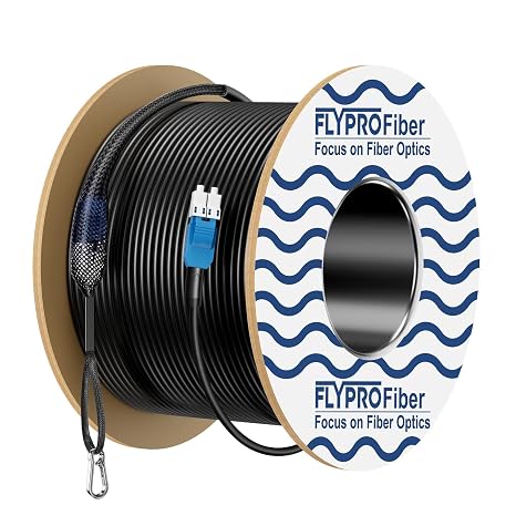 FLYPROFiber- 75M/246ft OD-5mm OS2 LC to LC Armored Outdoor Uniboot Fiber Outdoor Armored Industrial TPU with Pulling Eye Kit, 1G/10GB 9/125 um SMF Fiber Optic Cable Length Options:50m-300m