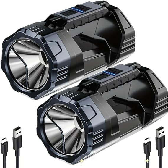 2PCS Rechargeable LED Spotlight Flashlight Outdoor with COB Light and Solar Panels, Camping Flashlight with 6 Modes Long Lasting Large Waterproof Camping Light Flashlights for emergeny Hiking Boating