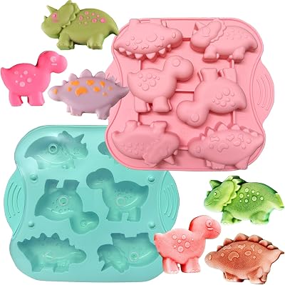 2 Pack Silicone Dinosaur Mold with Lid, 6 Cavity Dinosaur Silicone Mold Dinosaur Chocolate Molds, Ice Cube Molds for Baking, Jello, Soap, Candies