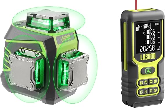 LasGoo Laser Level 3x360 Self Leveling, 3D Green Cross Line Laser for Construction and Picture Hanging, LASGOO 197ft Laser Measurement Tool, Laser Distance Meter with Ft/in/M Multiple