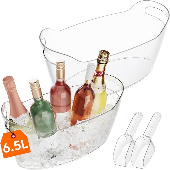Lifewit 6.5L Plastic Ice Bucket for Parties with Handle & Scoop, 2 Pcs | Thickened Drop-Resistant Beverage Tub for Champagne, Wine, Beer, Juice, Drink Cooler for Mimosa & Soda Bar, Table Chiller
