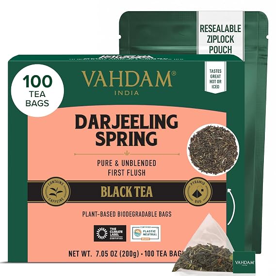 VAHDAM Darjeeling Spring Tea Bags (100 Count) Exotic First Flush Black Tea | Premium Long Leaf Quality | Aromatic, Robust Flavor, Unblended Darjeeling Tea| Caffeinated, Non GMO |Resealable Ziplock Pouch