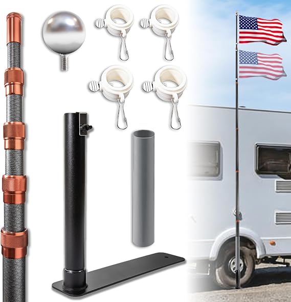 Tailgate Flag Pole and Base Kit, Tailgating Flag Pole with Tire Mount/Stand, 20ft Carbon Fiber Telescopic RV Flagpole Kit with Anti-Break Tube, for Camping, Tailgate Parties and Outdoor Activities