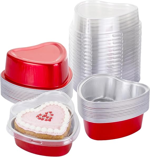 30 Set Heart Shaped Cake Pans with Lids - 3.4oz/100ml Mini Disposable Aluminum Foil Cupcake Containers for Baking - Valentine's Day, Wedding, Flan, Creme Brulee & Brownie Containers (Red)
