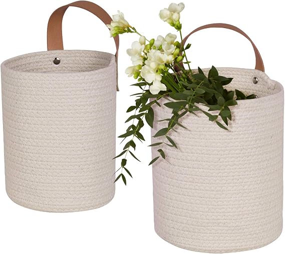 LA JOLIE MUSE Wall Hanging Storage Baskets - Set of 2 Small Cotton Rope Handle Nursery Storage Organizer with Planters