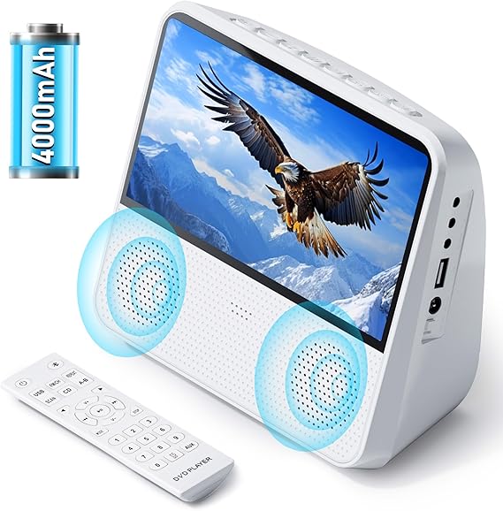 9.8" Portable DVD Player with 7" Screen, 4000mAh Rechargeable Battery, Portable DVDs Players Built in Dual Speaker, Car DVD Player with Remote Control/Bluetooth/USB/AUX/Memory Playback
