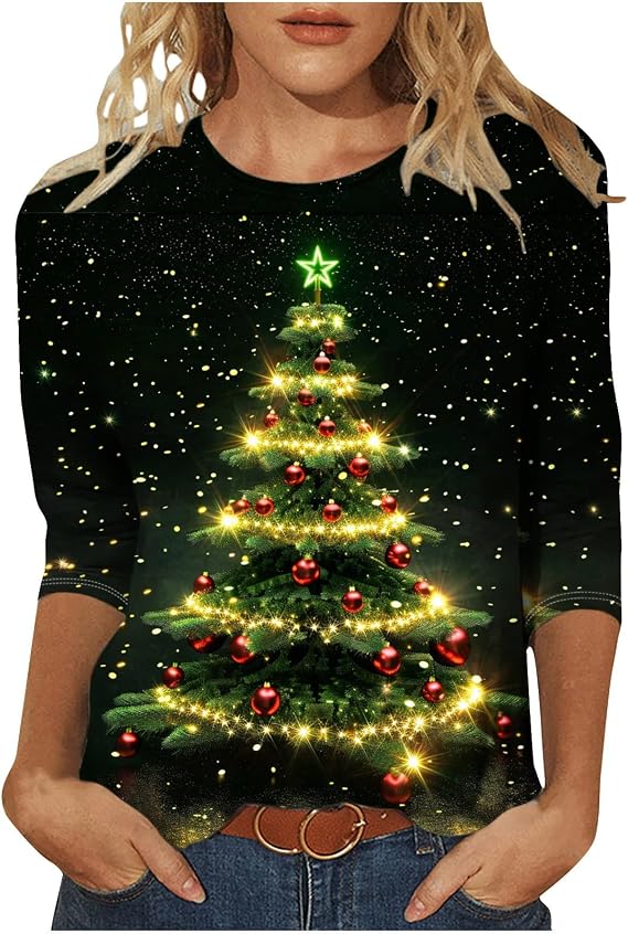 Christmas Shirts for Women 2025 Glitter Christmas Tree Sweater 3/4 Sleeve Vintage Xmas Tops Festival Party Tees Gifts