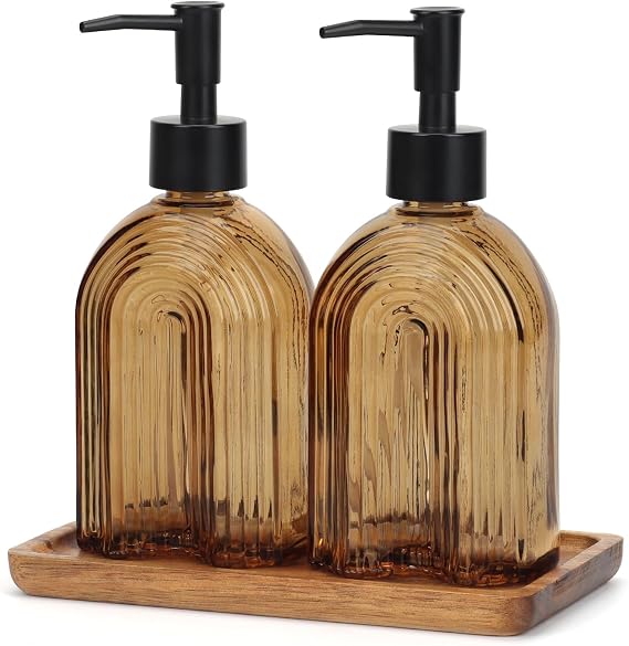 Glass Soap Dispenser Set with Wooden Tray, 11.6Oz Refillable Liquid Modern Soap Dispenser with Plastic Pump for Hand and Dish Set for Bathroom Countertop Decor (Amber)