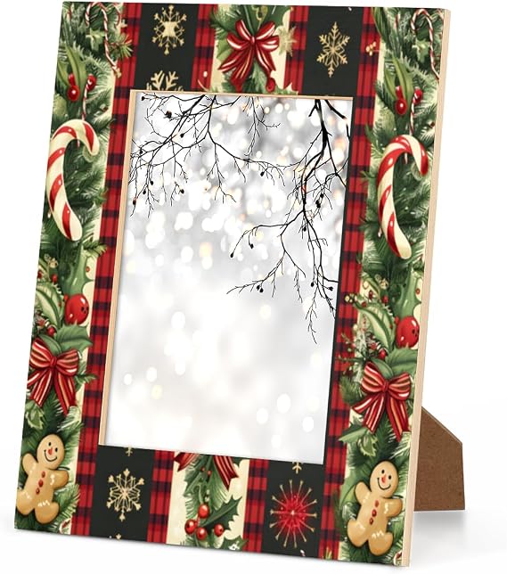 Christmas Theme Holly Snowflake Plaid Picture Frame11x14, Wood Photo Frame High Definition Acrylic Panel, Decorations Holiday Christmas Xmas Gifts, Vertically or Horizontally for Desktop or Wall Use