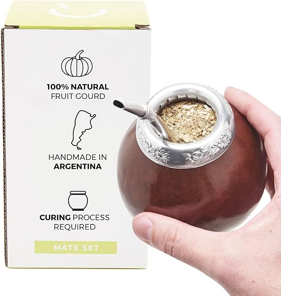 BALIBETOV Authentic Argentine Yerba Mate Cup & Bombilla Set - Traditional Hand-Carved Natural Mate Gourd from Argentina (Dark Brown)